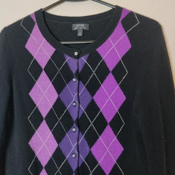Apt 9 100% Cashmere Purple Argyle Diamond Cardigan Sweater Medium Preppy Cozy - Picture 3 of 10